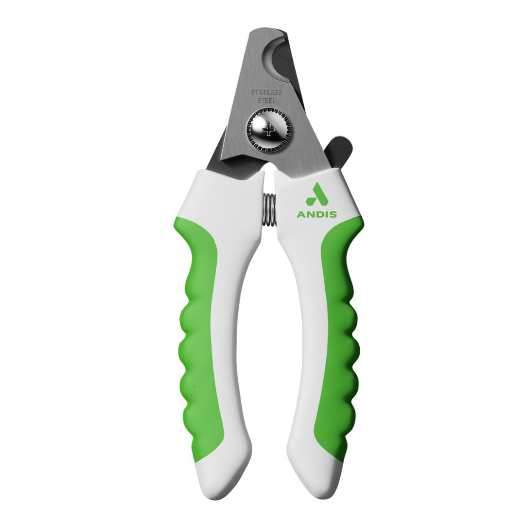 Andis Nail Clipper Small Lime Green front view, professional grooming tool for small pets, featuring stainless-steel blades and ergonomic handle. Side profile of Andis Nail Clipper Small in Lime Green, showcasing soft-grip handle and safety lock mechanism for secure storage. Andis Nail Clipper Small Lime Green in retail packaging, highlighting key features like safety stop and ergonomic design.