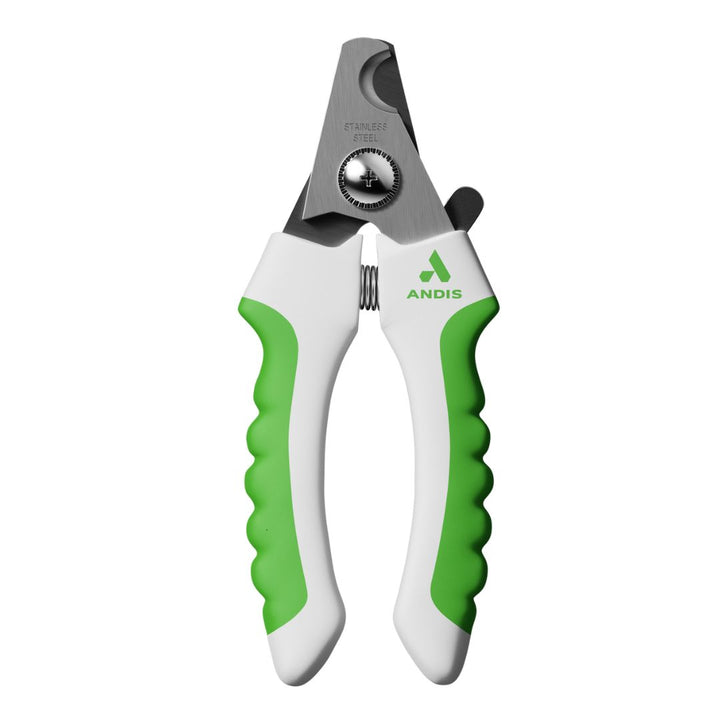 Andis Nail Clipper Small Lime Green front view, professional grooming tool for small pets, featuring stainless-steel blades and ergonomic handle. Side profile of Andis Nail Clipper Small in Lime Green, showcasing soft-grip handle and safety lock mechanism for secure storage. Andis Nail Clipper Small Lime Green in retail packaging, highlighting key features like safety stop and ergonomic design.