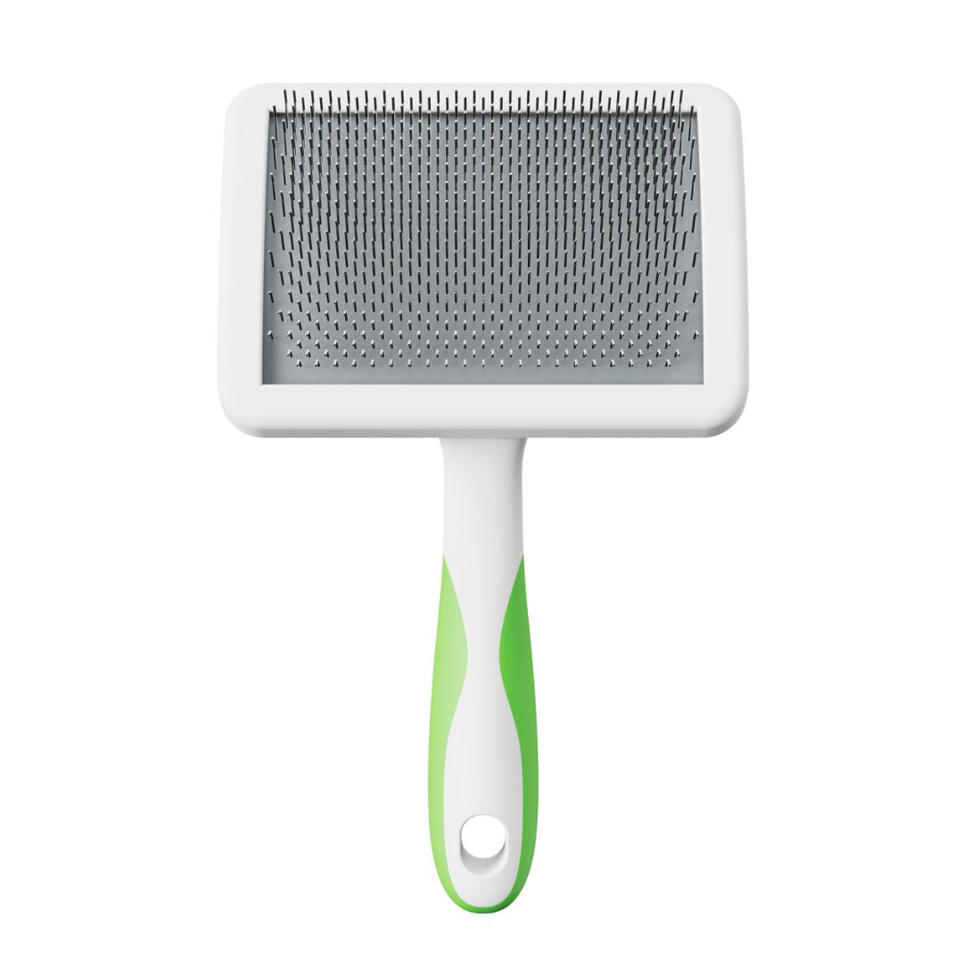 Andis Soft Tooth Slicker Brush front view, lime green handle, high-quality metal teeth, lightweight design, ergonomic grip, pet grooming tool, suitable for all coat types, daily grooming brush, durable construction, professional grooming accessory.