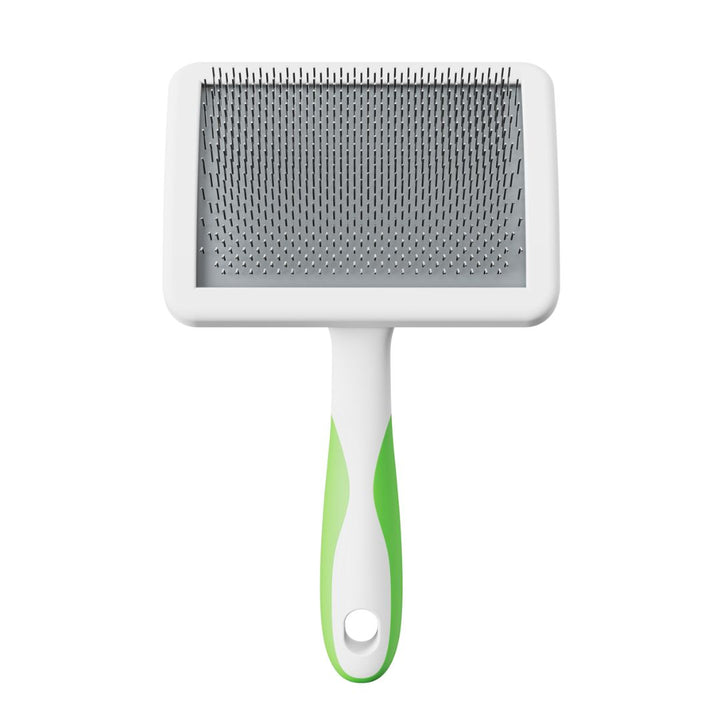 Andis Soft Tooth Slicker Brush front view, lime green handle, high-quality metal teeth, lightweight design, ergonomic grip, pet grooming tool, suitable for all coat types, daily grooming brush, durable construction, professional grooming accessory.