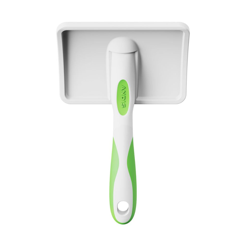 Side profile of Andis Soft Tooth Slicker Brush, showcasing ergonomic soft-grip handle, lime green color, high-quality metal bristles, lightweight and durable design, ideal for removing dead hair and tangles, suitable for all coat types, pet grooming essential.
