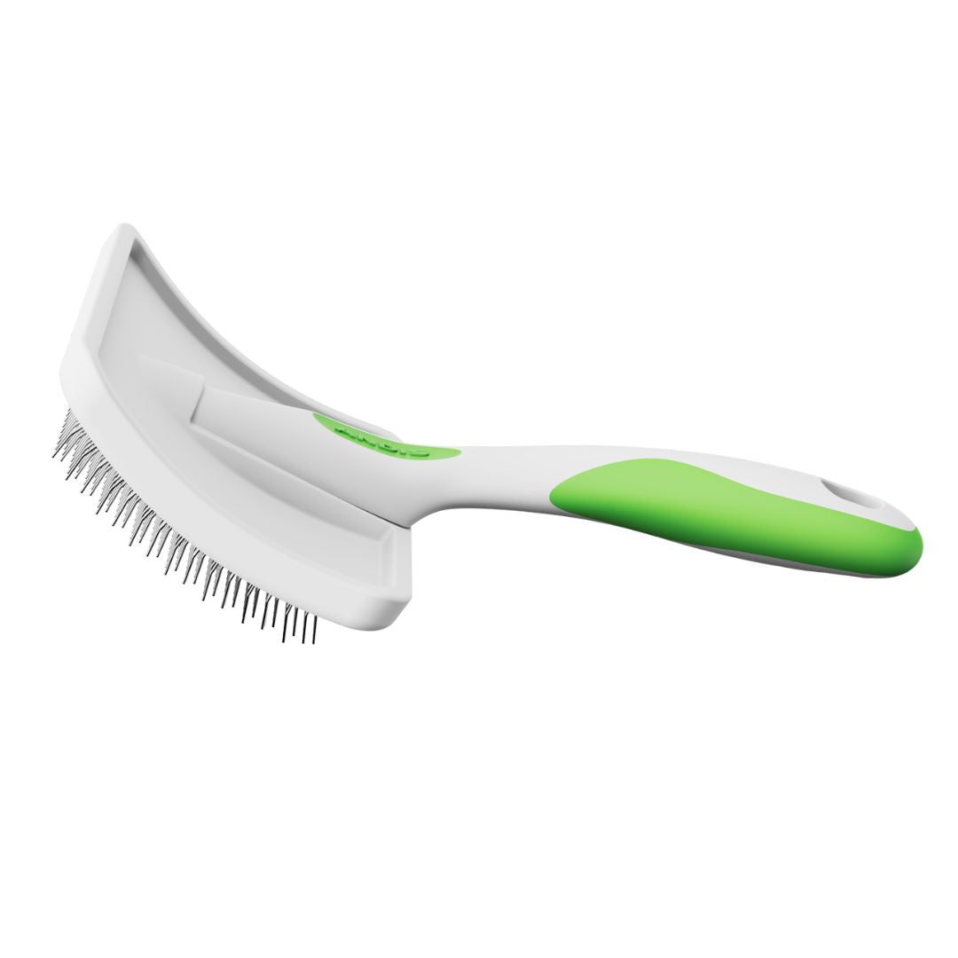 Andis Soft Tooth Slicker Brush in packaging, lime green handle, clear display of high-quality metal teeth, branding visible, professional grooming tool, suitable for all coat types, durable and lightweight design, ergonomic grip, pet grooming accessory.