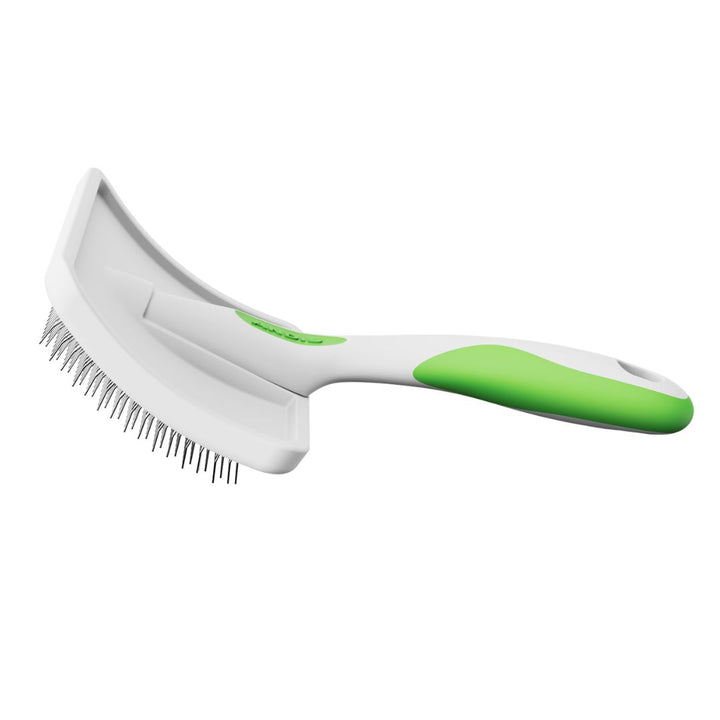 Andis Soft Tooth Slicker Brush in packaging, lime green handle, clear display of high-quality metal teeth, branding visible, professional grooming tool, suitable for all coat types, durable and lightweight design, ergonomic grip, pet grooming accessory.