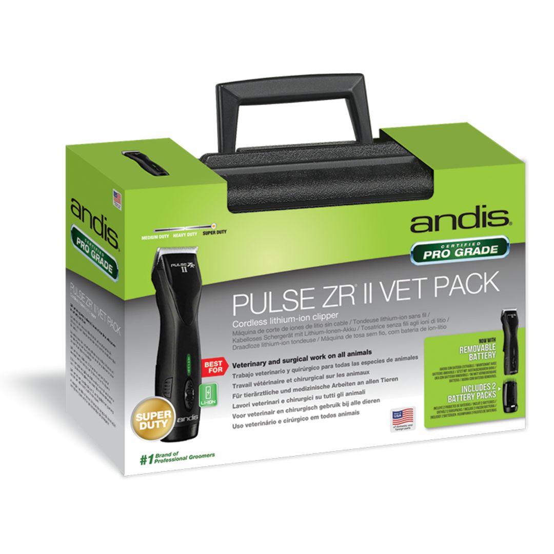 Professional Vet Grooming Tool - Andis PULSE ZR II VET PACK DBLC-2, Cordless Clipper, 5-Speed Motor, Detachable Blade