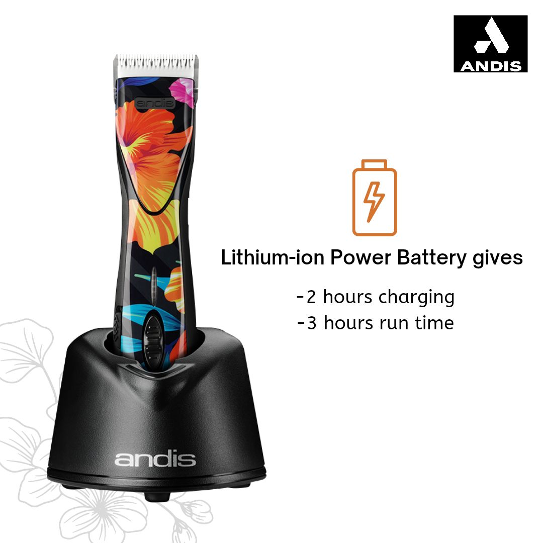 Cordless dog grooming clipper - Andis Pulse ZR II Floral Edition, Lithium-ion Battery, Detachable Blade, 5-Speed Adjustable, Professional Pet Groomer Tool