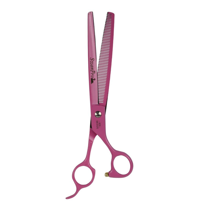 swan thinner scissors, titanium grooming scissors, pink pet grooming shears, 7.5 inch thinning scissors, texturizing scissors for dogs, grooming thinner scissors, swan grooming shears, titanium-coated grooming tools, pink scissors for dog grooming, salon scissors