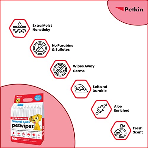 Petkin face and body germ removal 100 pet wipes, travel pack (includes 10 packs each)