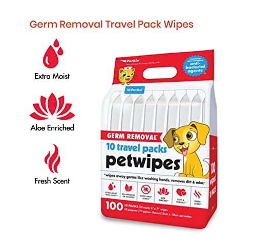 Petkin face and body germ removal 100 pet wipes, travel pack (includes 10 packs each)