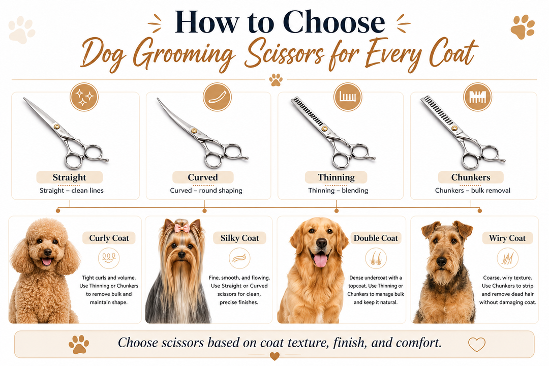 Different scissors for different breeds of dogs and coats