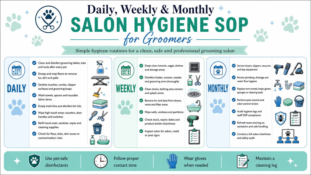 Dog Grooming Salon Hygiene SOP: Daily, Weekly & Monthly Cleaning Checklist