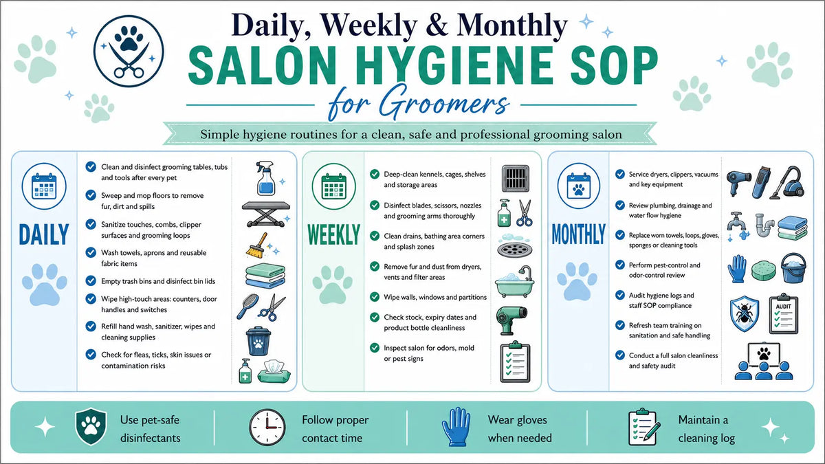 Dog Grooming Salon Hygiene SOP: Daily, Weekly & Monthly Cleaning Checklist