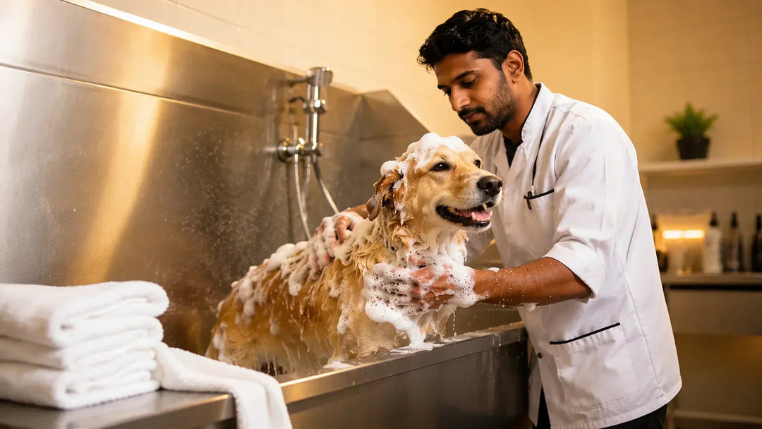 Man Groomer washing a dog in bathtub