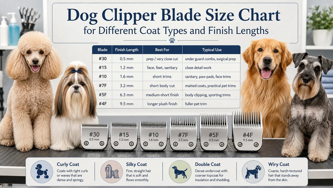 Dog clipper blade size chart showing blade numbers, finish lengths in millimetres and suggested coat uses