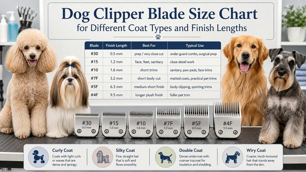Dog clipper blade size chart showing blade numbers, finish lengths in millimetres and suggested coat uses