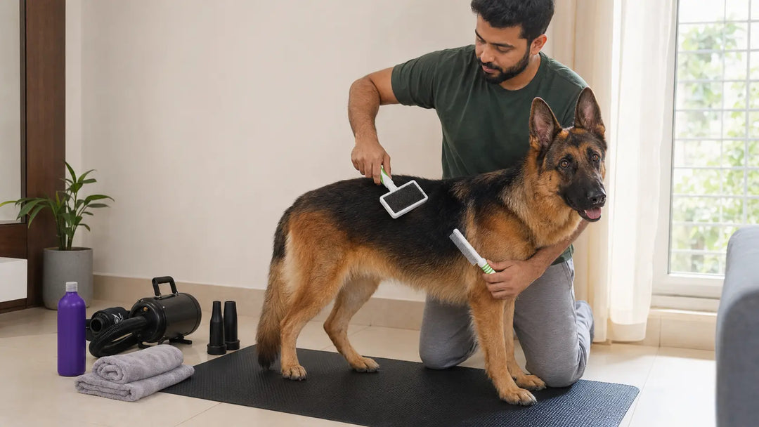 Groomer brushing a large black German Shepherd during a professional dog grooming session in a salon.