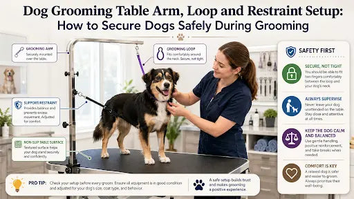 Grooming table with a dog standing on i