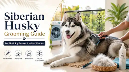 Siberian Husky grooming with an undercoat rake during shedding season