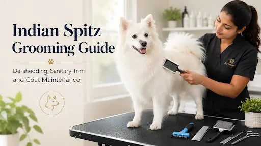  Indian Spitz grooming with a slicker brush for double-coat shedding and coat maintenance