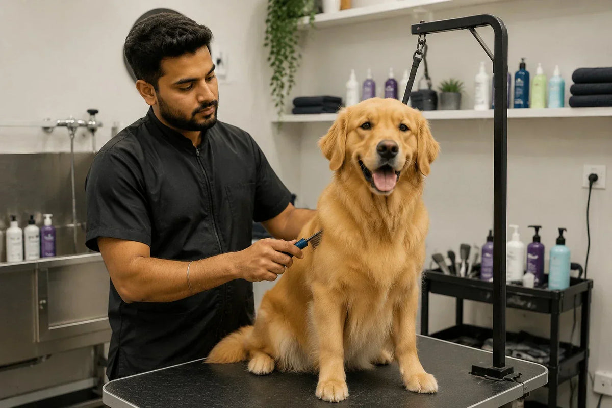 Indian groomer with a Golden Retriever in a professional grooming salon, illustrating dog grooming business setup - dog grooming business cost India