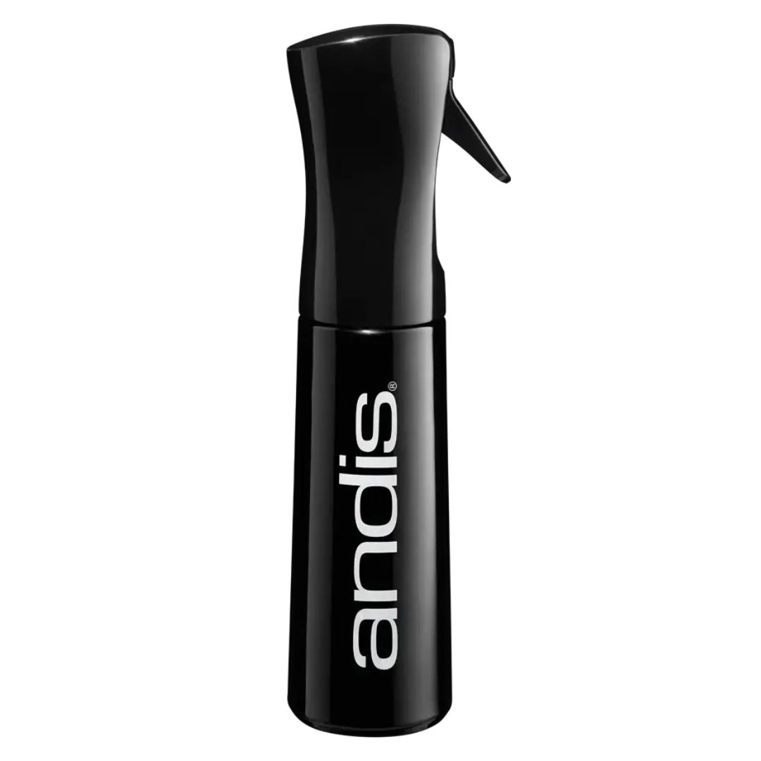 Andis Mist Spray Bottle Black 12820 front view, 300ml capacity, continuous fine mist sprayer, ergonomic design, professional grooming accessory, refillable bottle, pet grooming tool, hair styling spray bottle, durable plastic construction, Andis grooming equipment.
