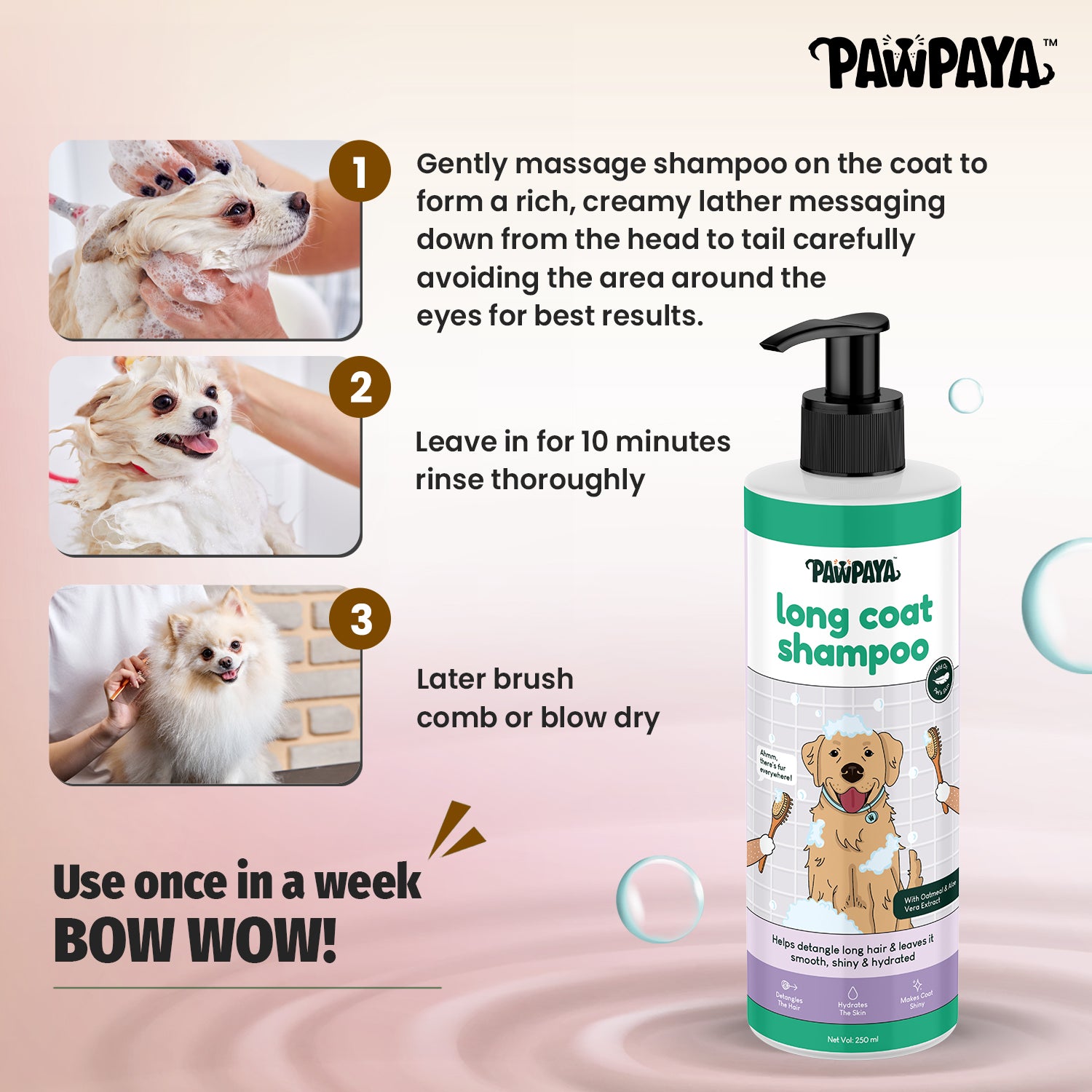 Pawpaya Long Coat Shampoo,  250 ml