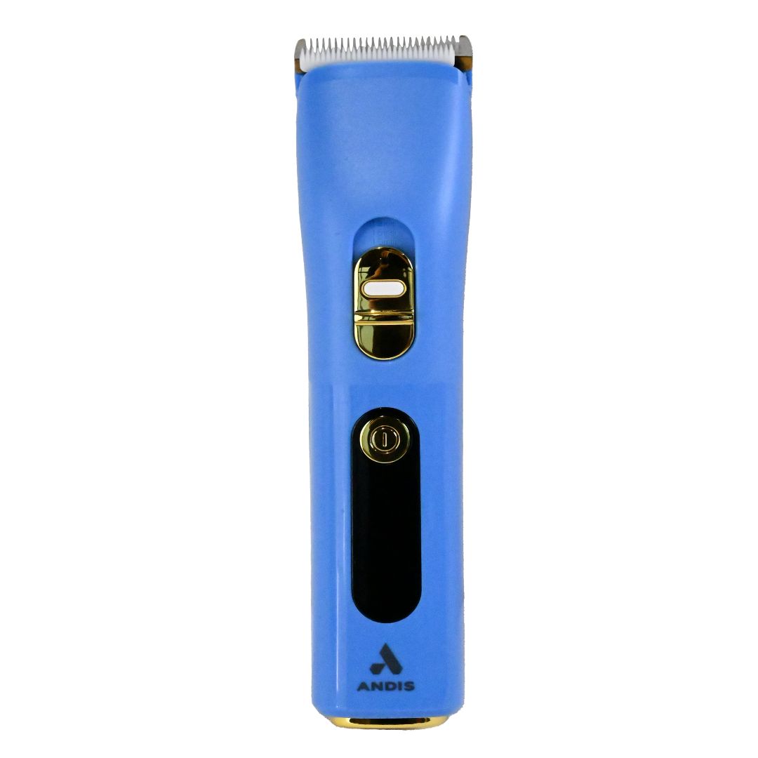 Andis enVISION CLC-5 Cordless Clipper front view, professional pet grooming tool, blue color, titanium-ceramic adjustable blade, ergonomic design, high-speed rotary motor, cordless clipper, pet grooming equipment, detachable blade system, lightweight clipper, Andis grooming clipper, pet grooming supplies, durable clipper, grooming salon tool, high-speed clipper, pet hair trimmer, rechargeable clipper, versatile grooming clipper, Andis enVISION series, premium pet clipper.