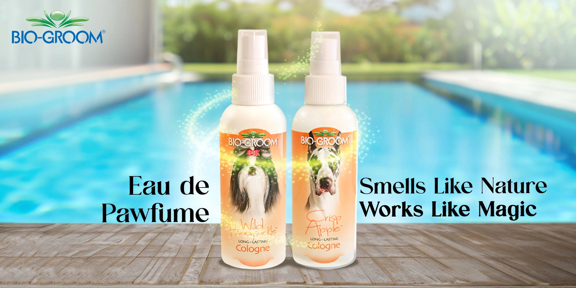 Two bottles of Bio-Groom Eau de Pawfume cologne by a poolside with promotional text.