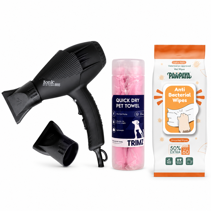 Supalite Handheld Pet Dryer, Quick-Dry Towel & Pawpaya Antibacterial Wipes Combo