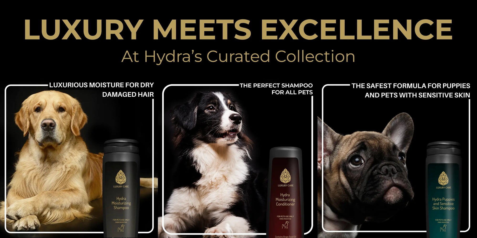 Hydra Luxury Care Collection banner with premium dog shampoo and conditioner, moisturizing pet shampoo, sensitive skin puppy shampoo, Hydra luxury grooming products, professional dog care formulas, dry coat repair, high-end pet grooming brand, dog coat nourishment, salon-grade pet products, Hydra Moisturizing Shampoo and Conditioner