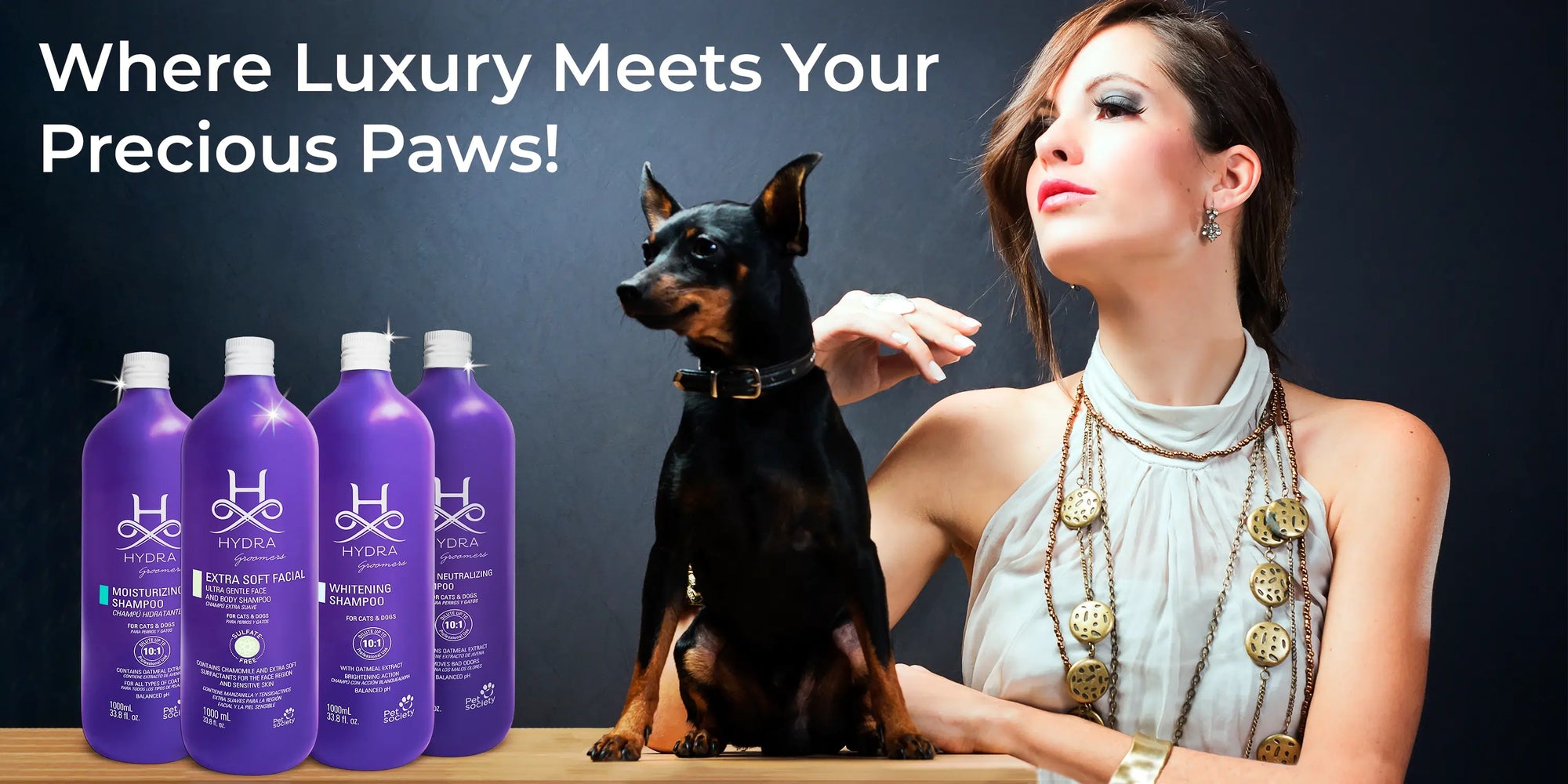 Hydra Groomers Shampoo banner featuring luxury pet grooming products for dogs and cats, premium moisturizing shampoo, extra soft facial shampoo, whitening shampoo, neutralizing shampoo, professional pet care brand, salon-grade pet grooming, high-quality dog shampoo, premium cat grooming products, Hydra professional grooming range, luxury pet bath products, pet coat care, Hydra pet shampoo collection.