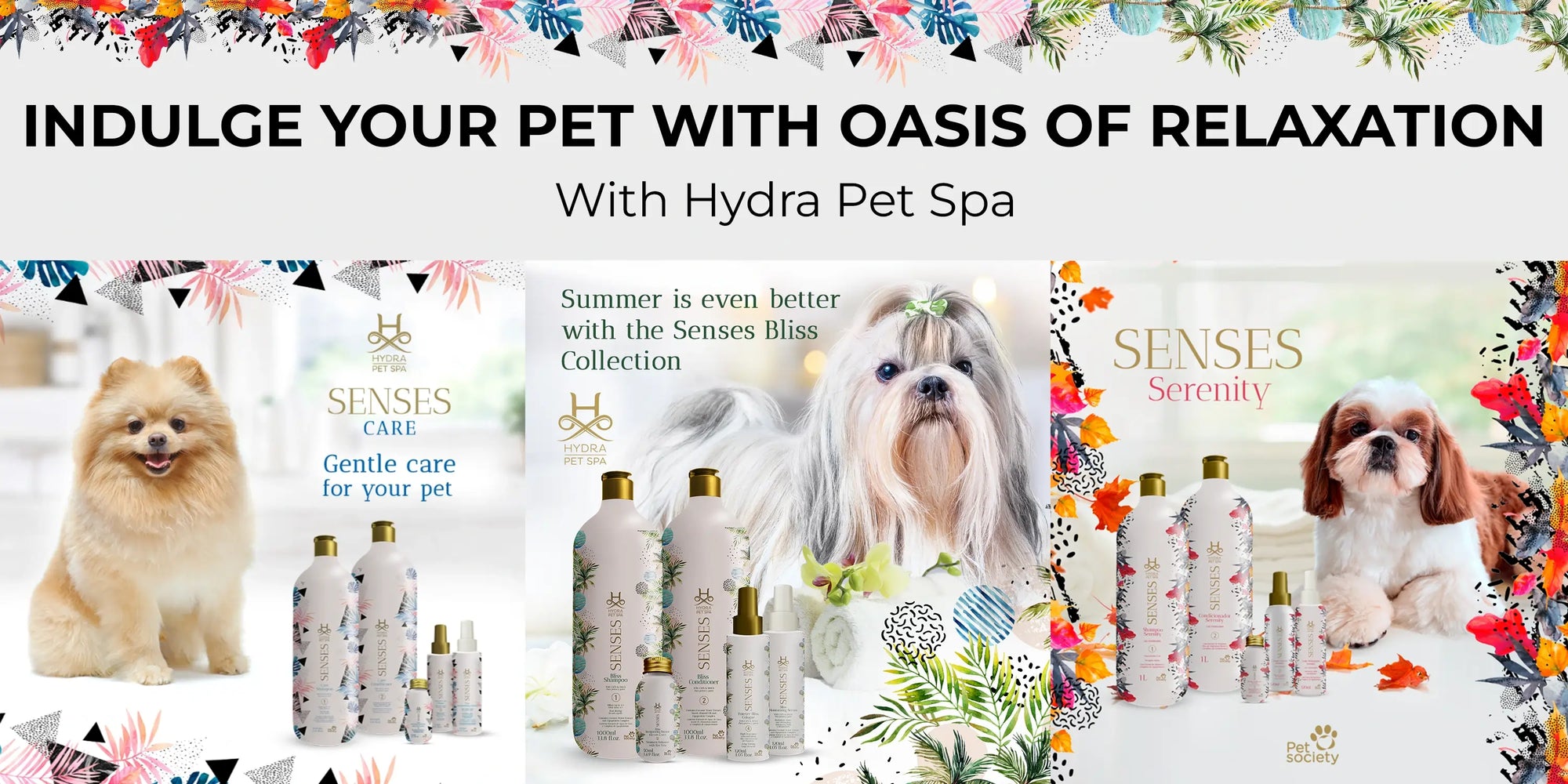 Hydra Pet Spa Senses Collection banner showing premium dog shampoo, conditioner, pet grooming products, Hydra Senses Care, Bliss, Serenity formulas, gentle coat care, professional dog grooming essentials, premium pet spa products, long-coat dog shampoo, sensitive skin pet care, luxury pet grooming brand Hydra.