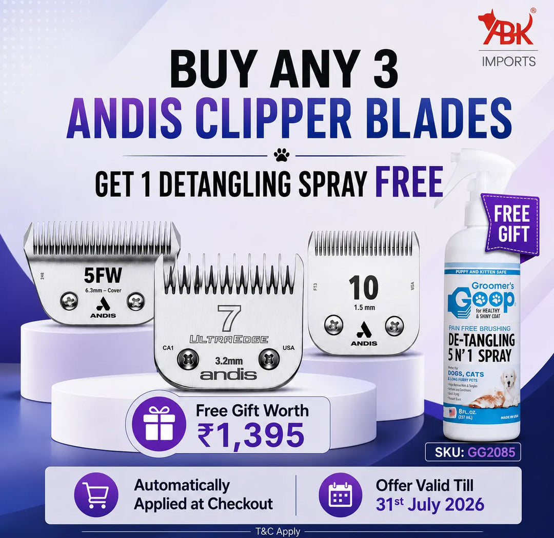 Buy any 3 Andis clipper blades and get Groomer’s Goop Detangling Spray free