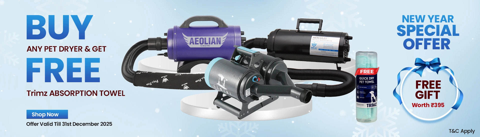 New Year mobile banner showing professional pet dryers from Aeolian and Hercules with free Trimz absorption towel, dog grooming dryer offer, high velocity pet dryer, mobile pet grooming equipment, professional dog grooming tools, salon grade pet care products, ABK Grooming accessories, dog coat drying solutions for groomers