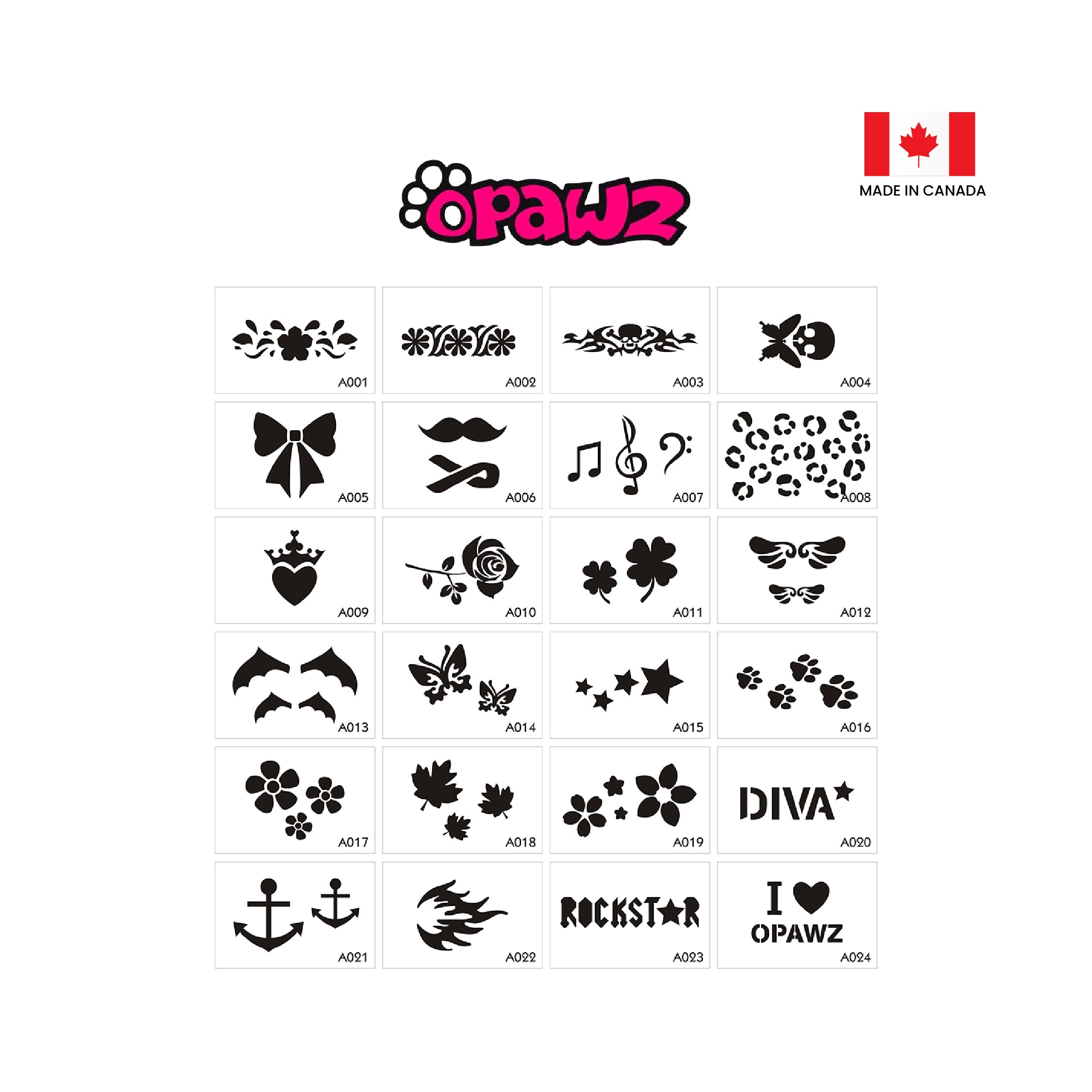 Opawz Professional Tattoo Stencil Set for pets, 24 Pcs