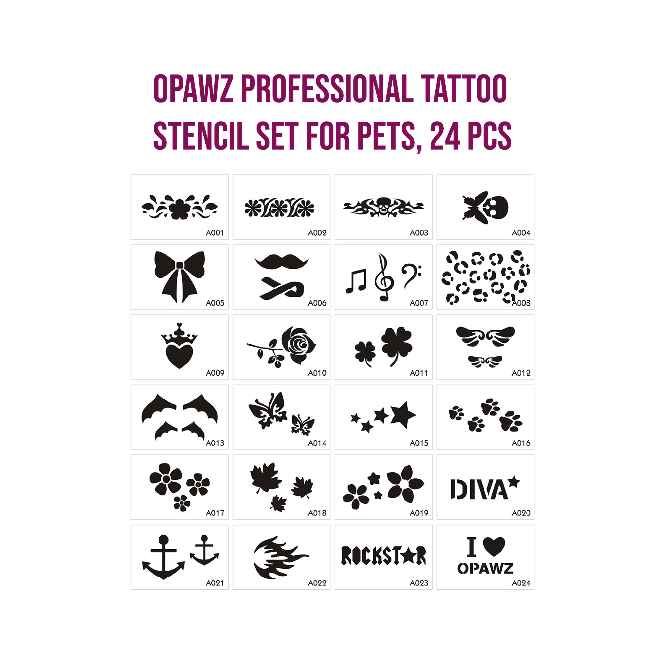 Opawz Professional Tattoo Stencil Set for pets, 24 Pcs
