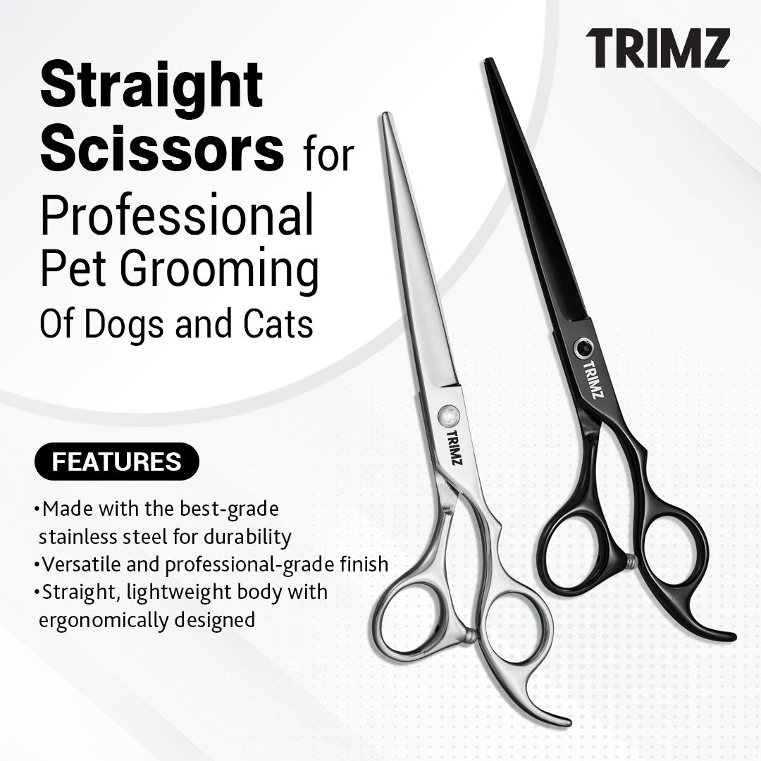 Trimz Straight scissors are available in sparkling silver and jet black colors.