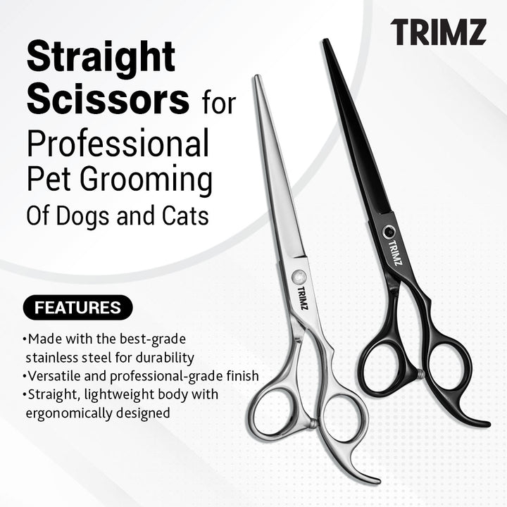 Trimz Straight scissors are available in sparkling silver and jet black colors.