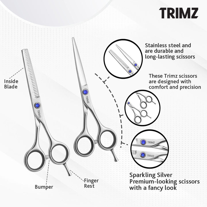 Trimz Scissors Set of Two, 5.5", Sparkling Silver Premium-looking scissors with a fancy look for Grooming pets.