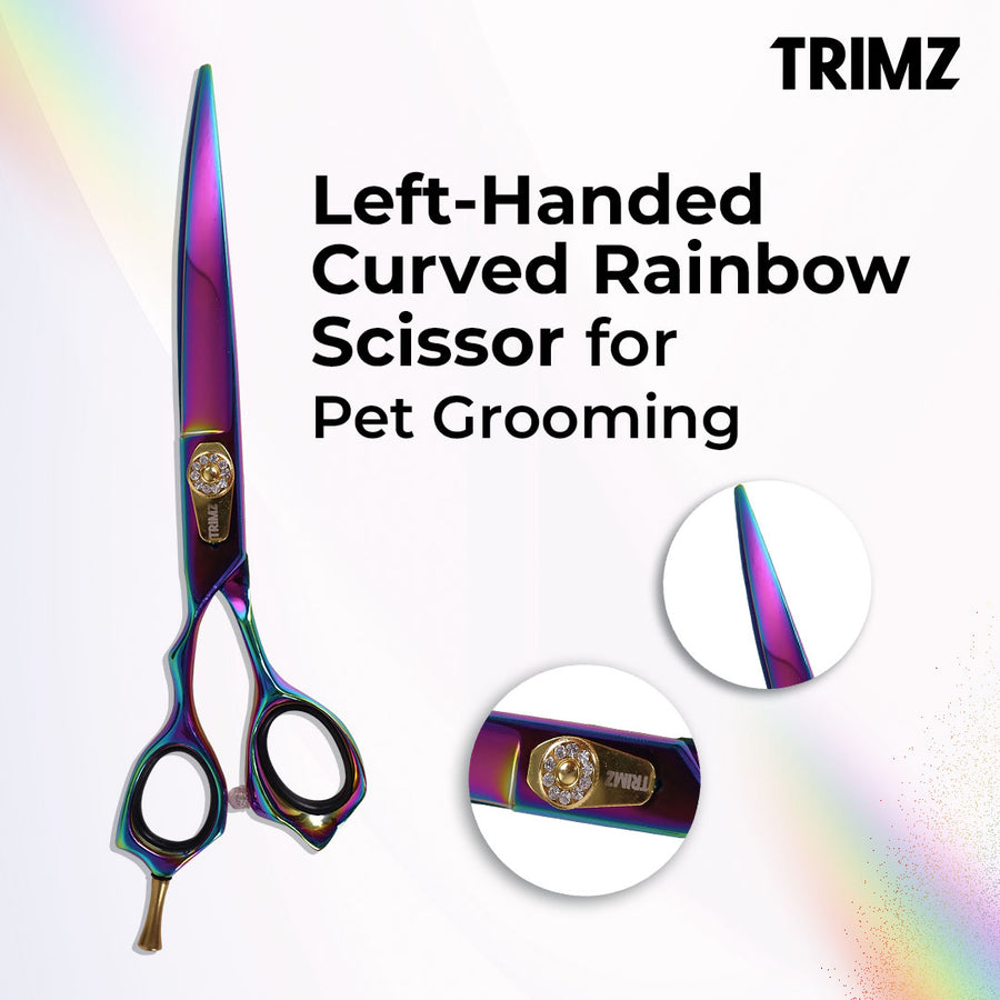 Trimz Left-Handed Curved Rainbow Scissors for Pet Grooming.