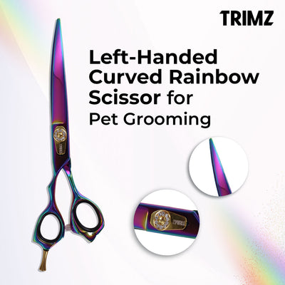 Trimz Left-Handed Curved Rainbow Scissors for Pet Grooming.