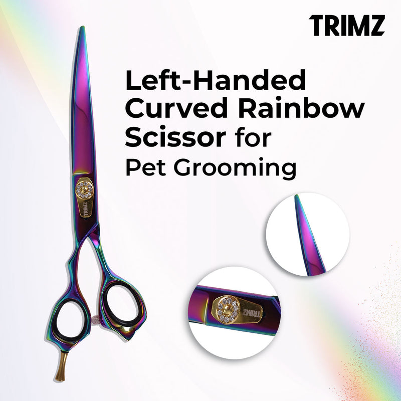 Trimz Left-Handed Curved Rainbow Scissors for Pet Grooming.