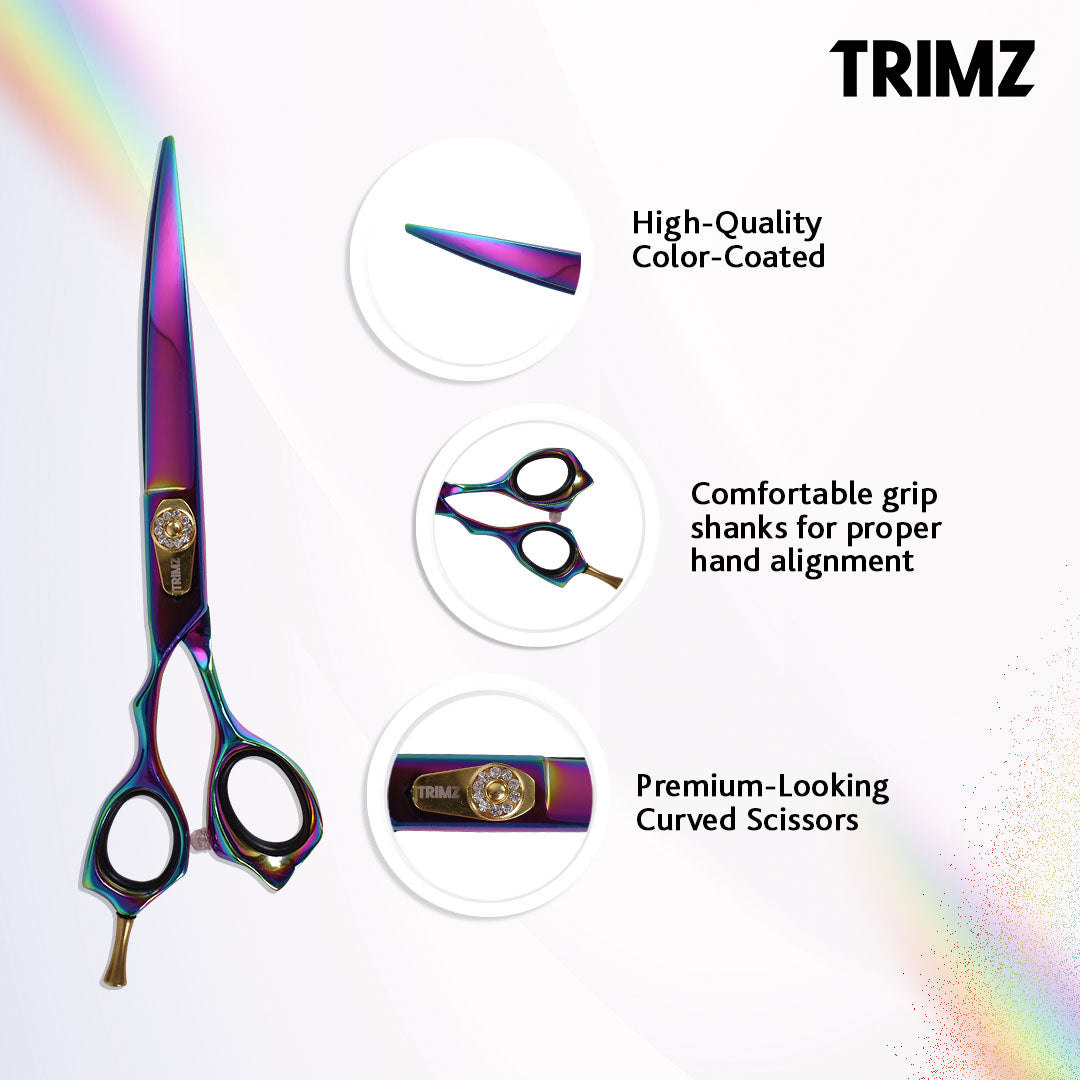 Trimz Left-Handed Curved Rainbow Scissors for Pet Grooming.