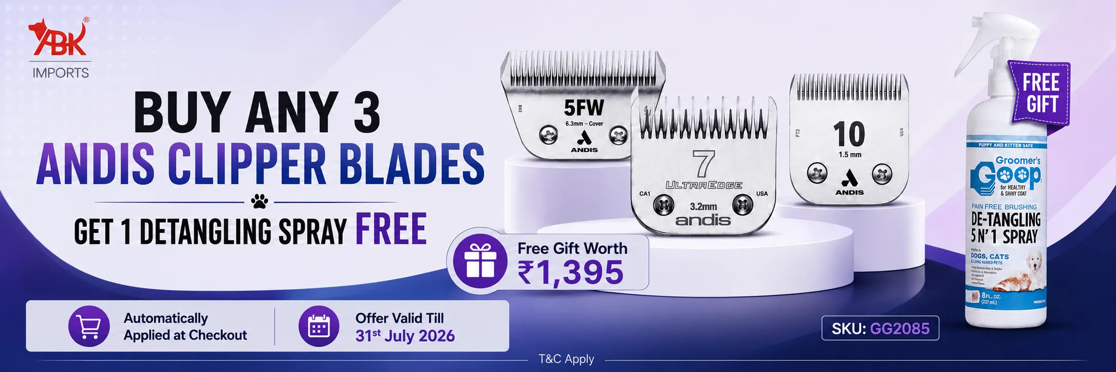 Andis clipper blades offer with free Groomer’s Goop Detangling Spray for professional dog groomers