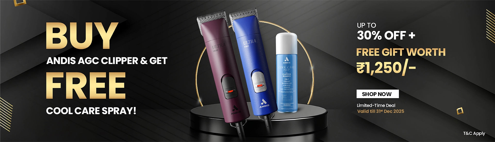 Andis AGC Clipper New Year offer banner showing up to 30% off and a free Andis Cool Care Spray worth ₹1,250 at ABK Grooming. Andis AGC dog grooming clipper offer with free Cool Care spray, professional pet clipper, pet grooming tools, dog salon equipment, Andis grooming products, limited time discount