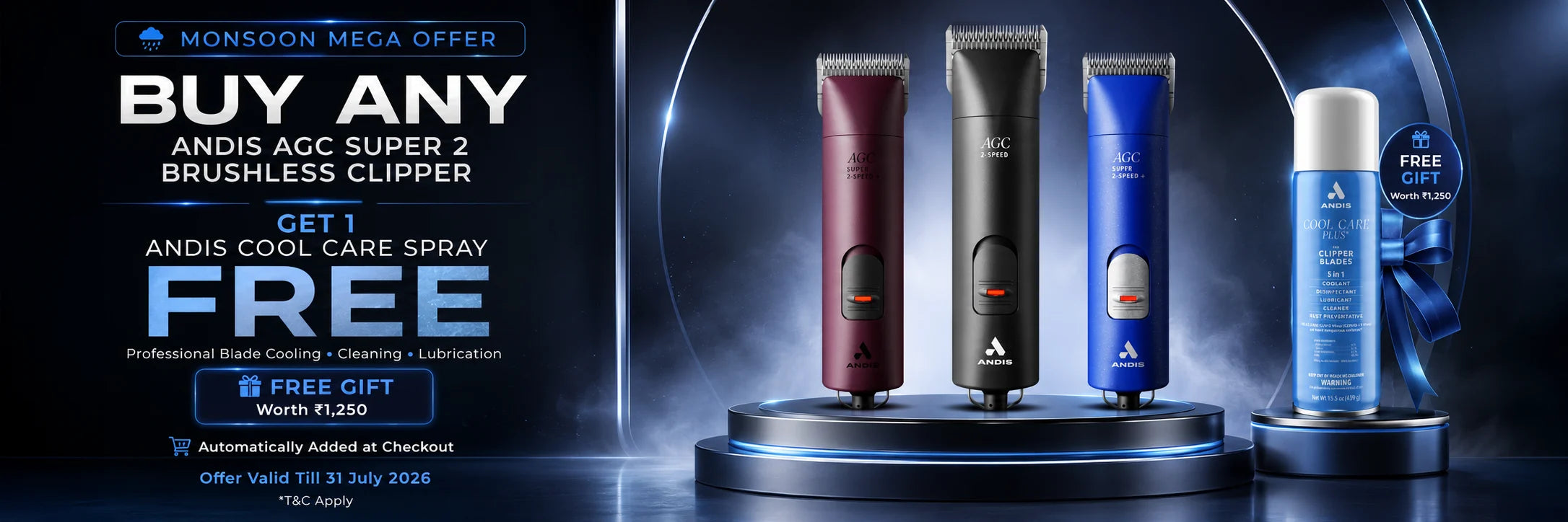 Andis AGC Super 2 brushless clipper monsoon offer with free Andis Cool Care Spray for professional groomers