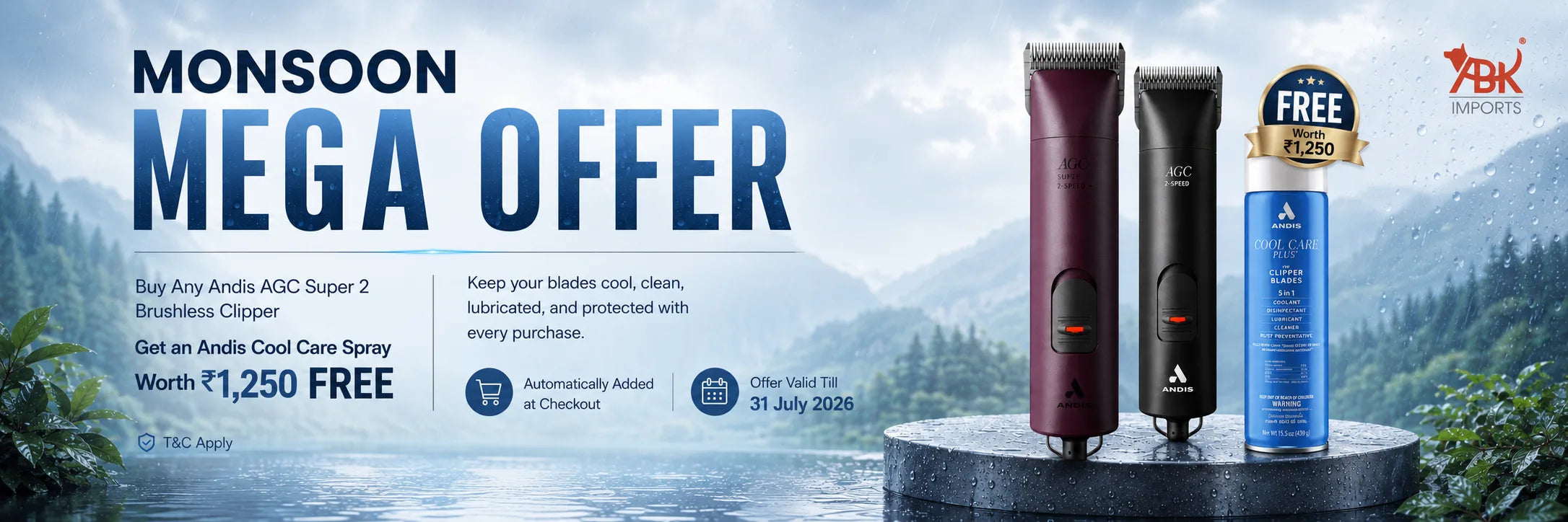 Andis AGC Super 2 brushless clipper monsoon offer with free Andis Cool Care Spray for professional groomers