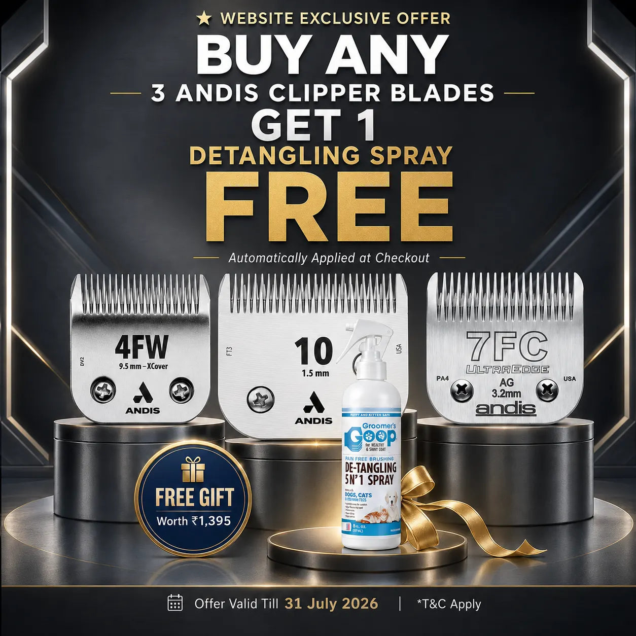 Andis clipper blades offer with free detangling spray for dog grooming professionals