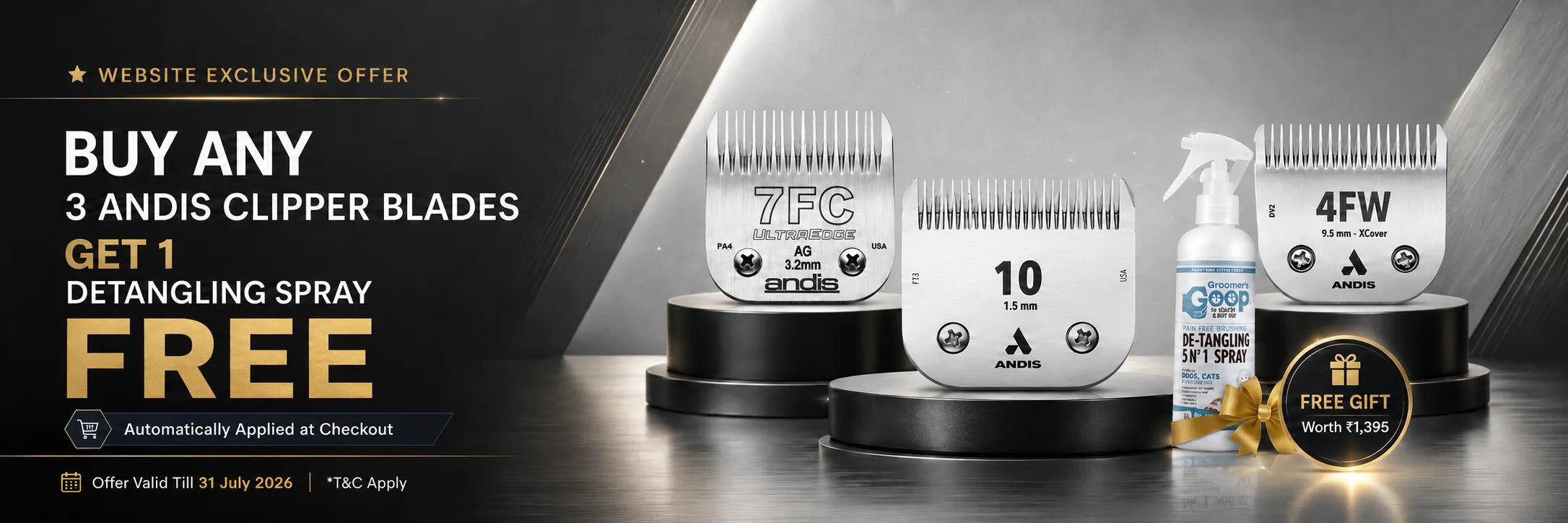 Andis clipper blades website exclusive offer with free Groomer’s Goop Detangling Spray for professional groomers