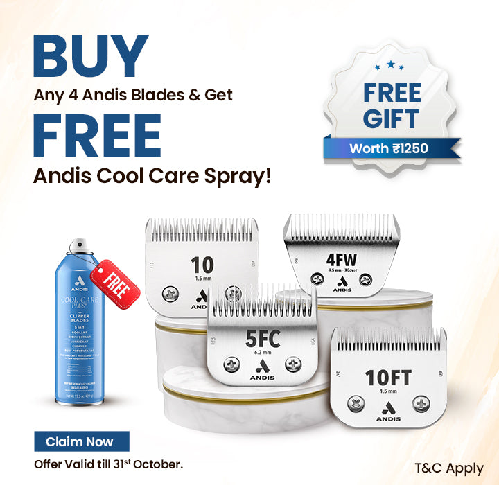 Andis free spray with 4 blades offer mobile banner – Andis clipper blade sale, free Cool Care Spray mobile ad, grooming blades promo, pet grooming tools deal India, ABK Grooming mobile offer