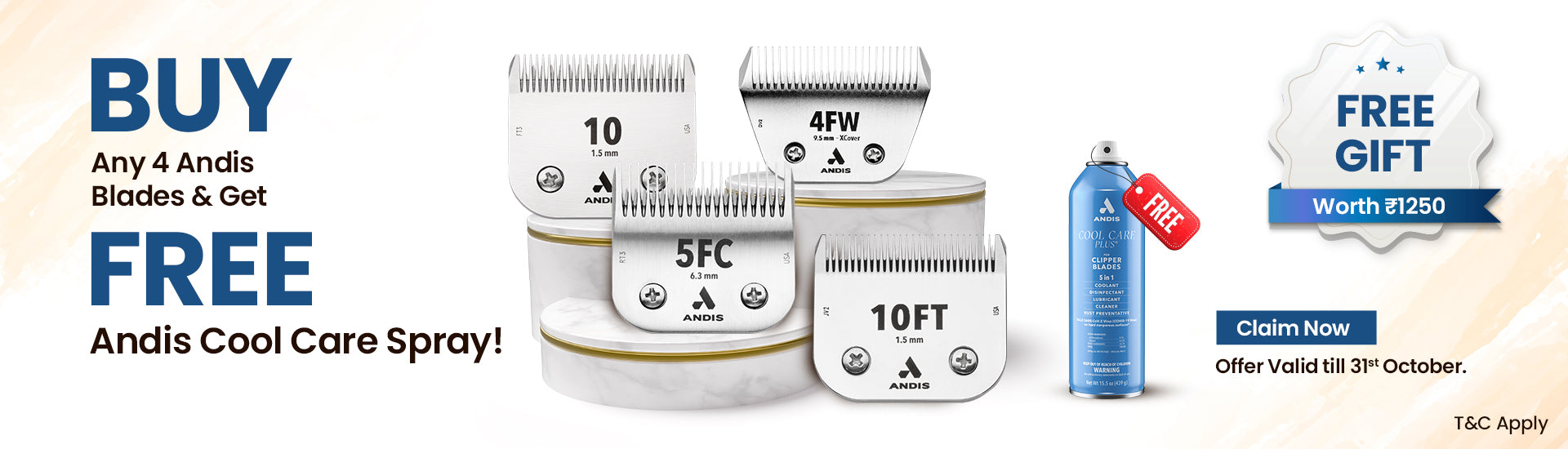 Buy 4 Andis clipper blades & get free Andis Cool Care Spray banner – Andis blade promo, free gift, pet grooming blades sale India, clipper blade bundle offer, ABK Grooming blades campaign, Andis accessories discount, grooming tools deal, Andis brand blade special, clipper blade giveaway banner